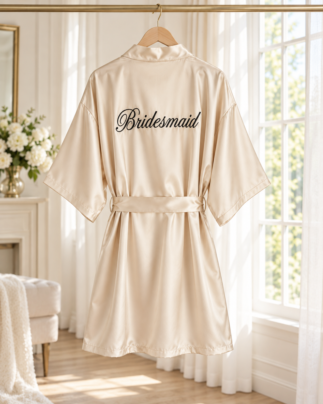 Satin Morgenkåber til Brud & Brudepiger med Broderi