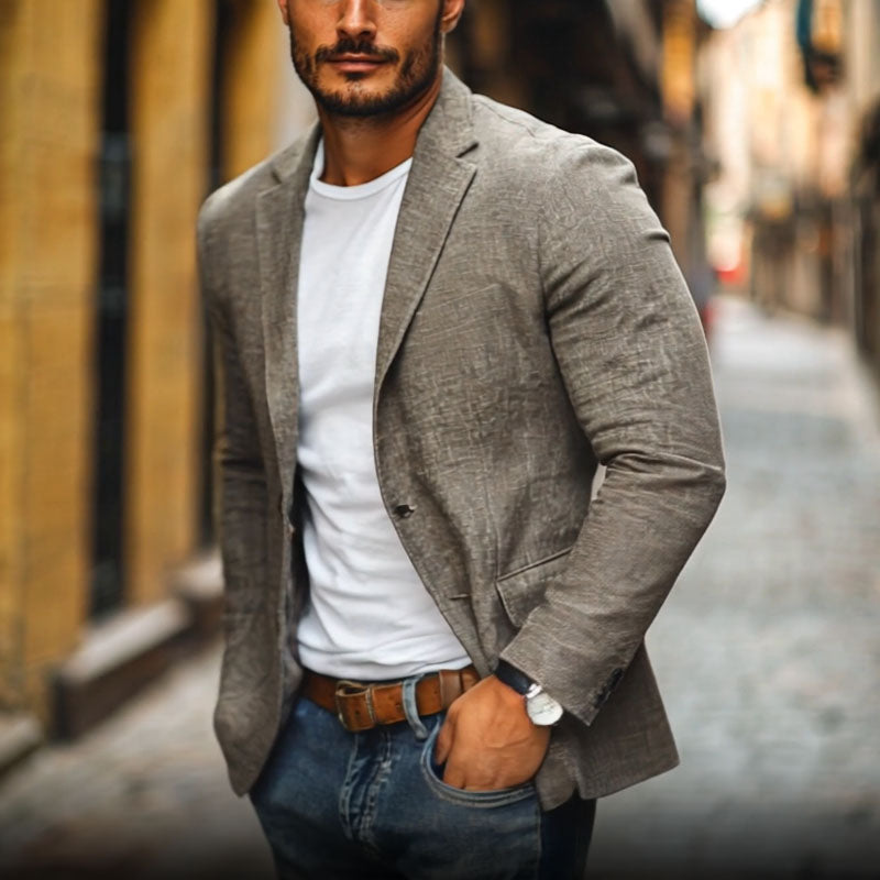 Herre Casual Bomuld-Hør Notch Revers Enkeltknappet Slim-fit Blazer