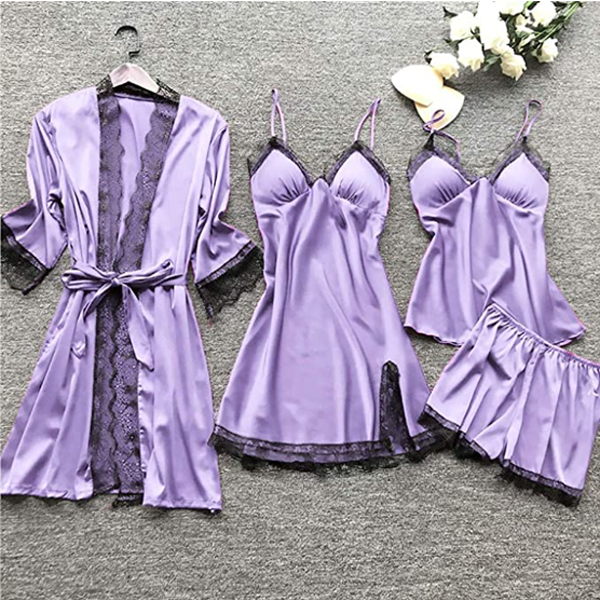 Satin Nattøjssæt til Kvinder | Kimono med Blondekant, Cami & Shorts
