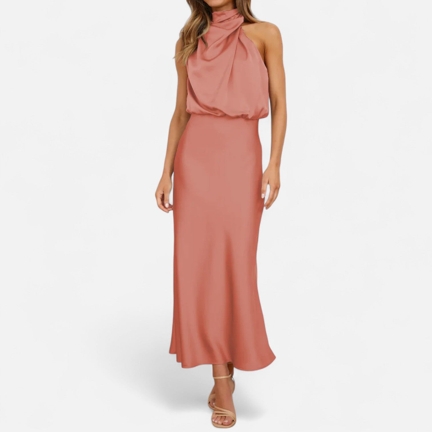 Vestido longo de cetim para senhora, corte em A, sem mangas