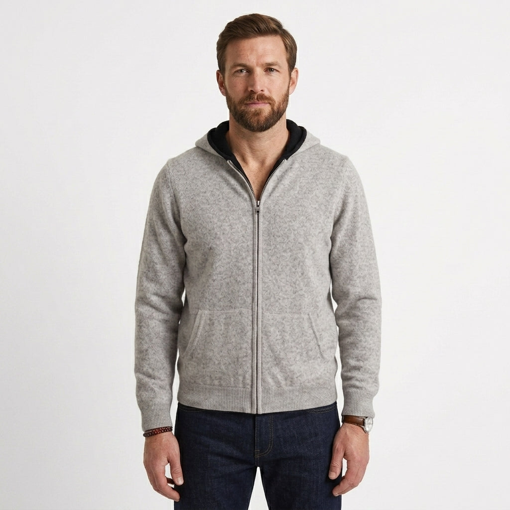 Cashmere Cardigan til Mænd med Hætte og Lynlås