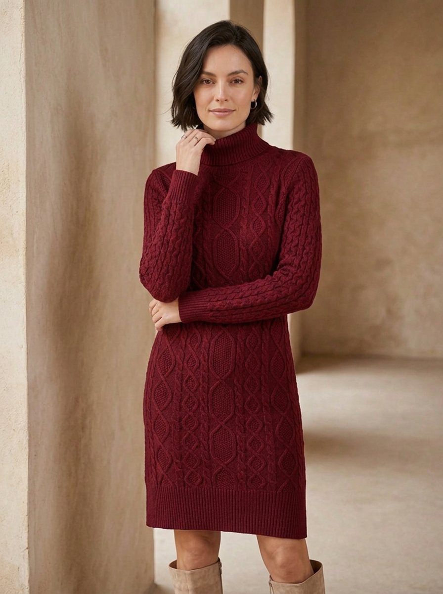 Kabelstrikket Sweaterkjole til Kvinder med Rullekrave