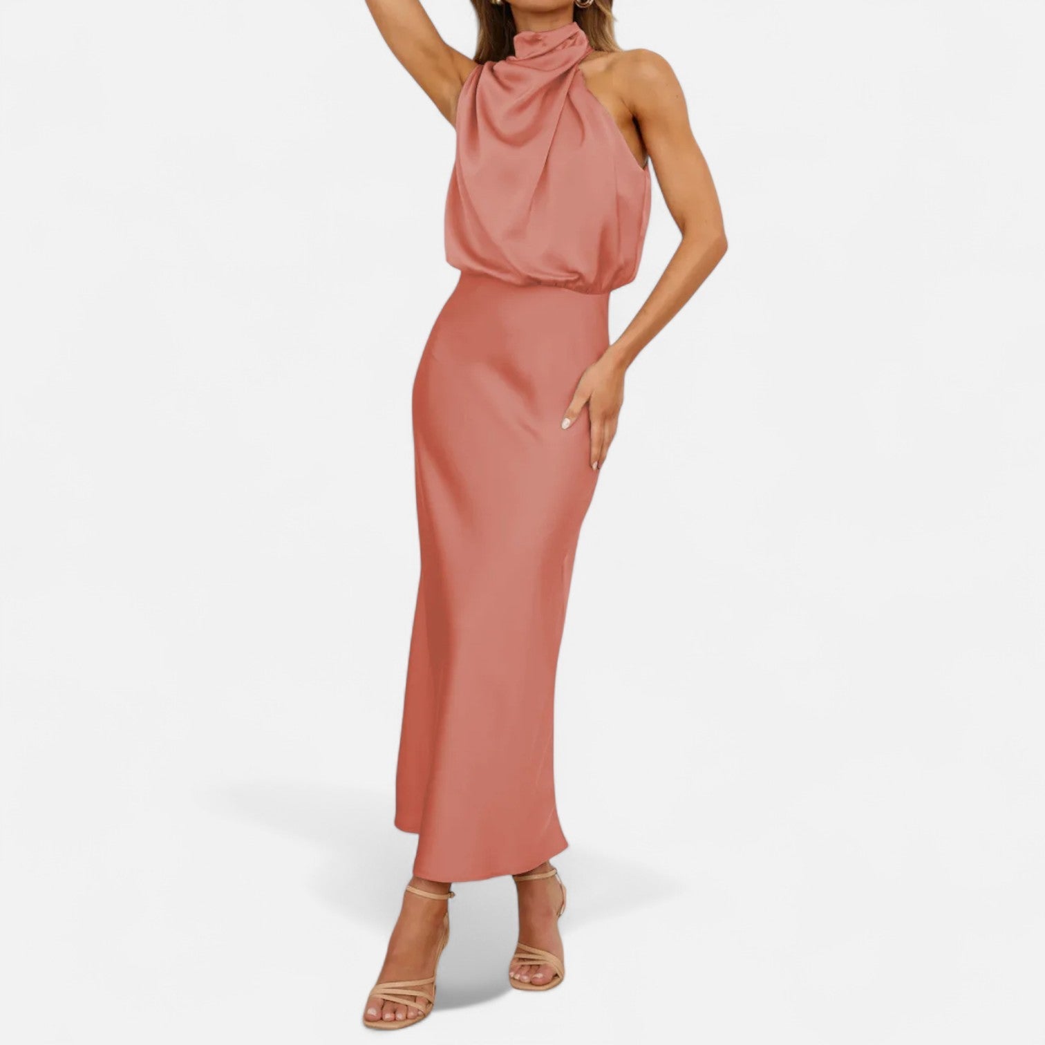 Vestido longo de cetim para senhora, corte em A, sem mangas