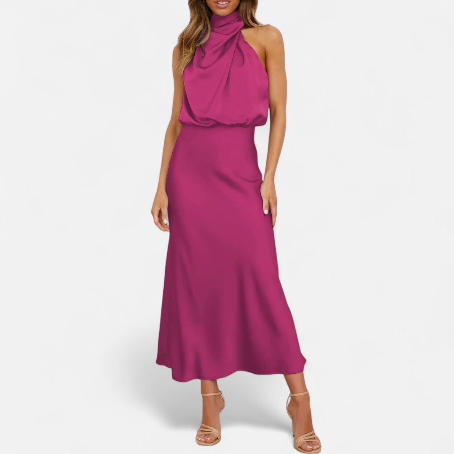 Vestido longo de cetim para senhora, corte em A, sem mangas