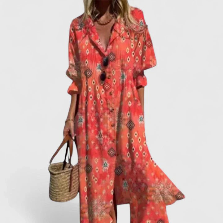 Boho φόρεμα για γυναίκες - Μακρύ φόρεμα με σχέδιο, άνετη εφαρμογή και κοντά μανίκια - Ιδανικό για καθημερινή χρήση και γιορτινές περιστάσεις