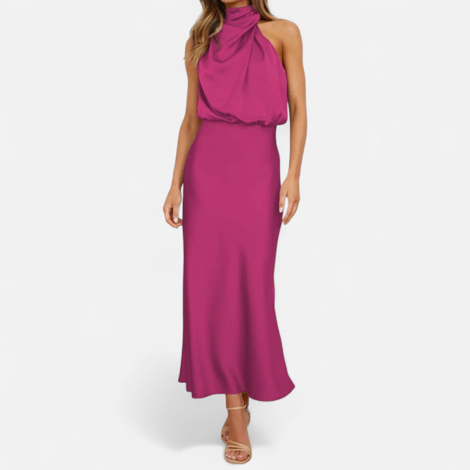Vestido longo de cetim para senhora, corte em A, sem mangas