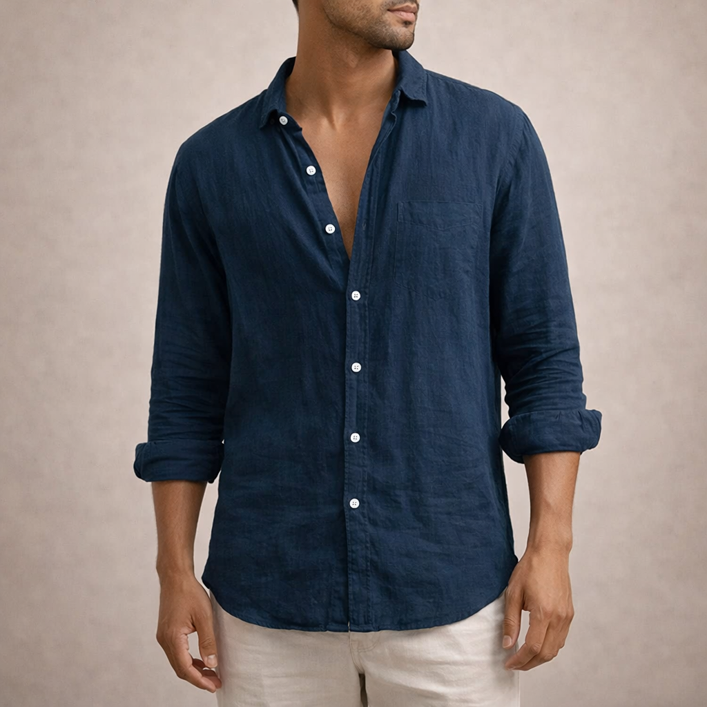 Camisa Casual de Linho para Homem, Corte Regular, com Botões à Frente