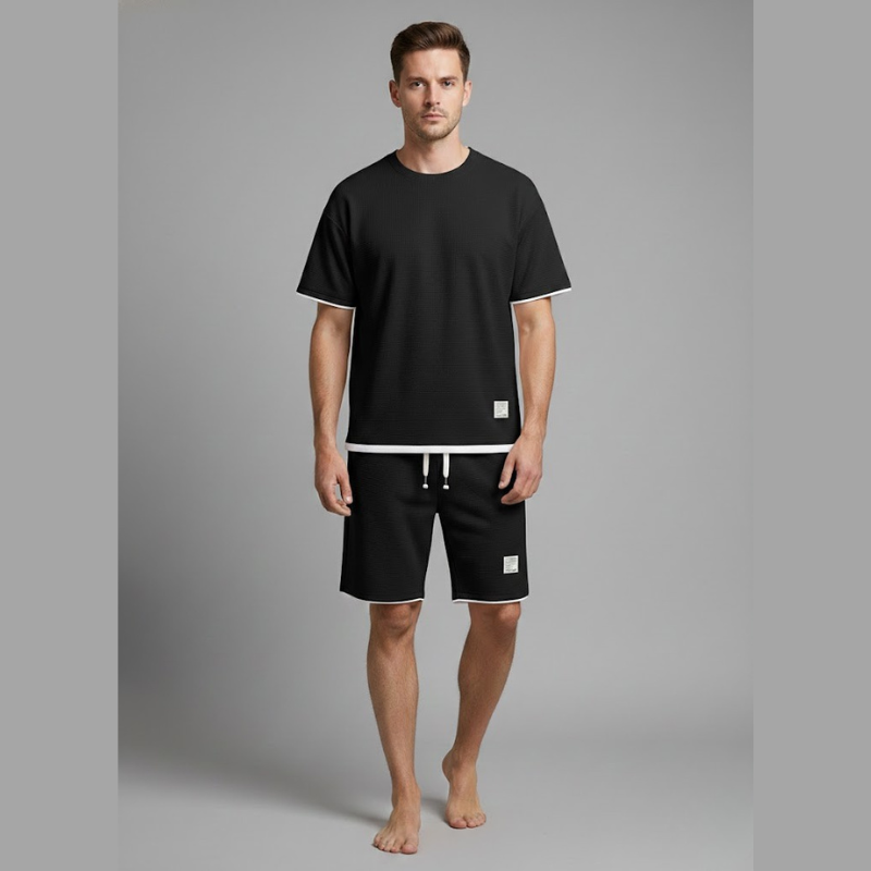 Herre Kortærmet T-Shirt og Snøreshorts 2-Delt Lounge Sæt