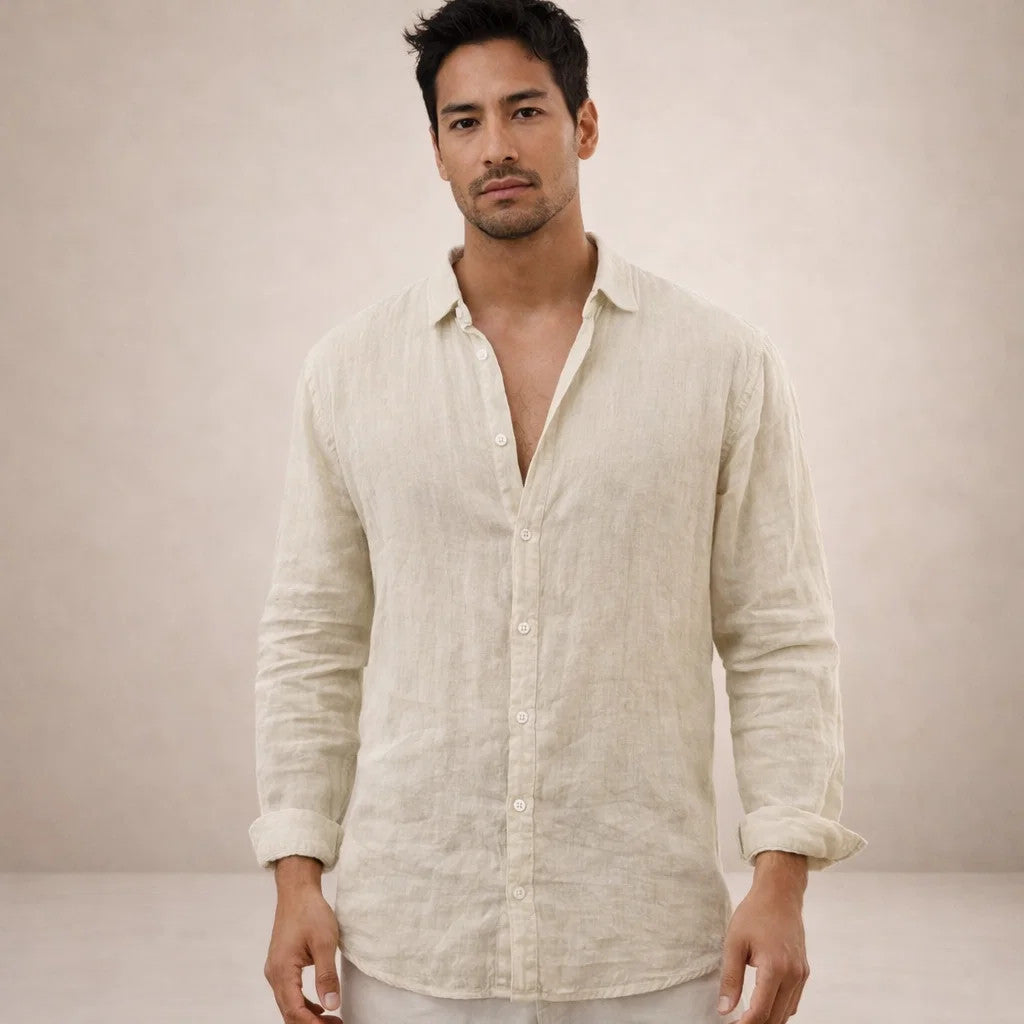 Camisa Casual de Linho para Homem, Corte Regular, com Botões à Frente