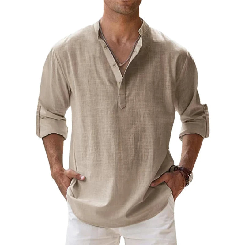 Herre Linned Henley Skjorte Afslappet Pasform Sommer Knaphalstop