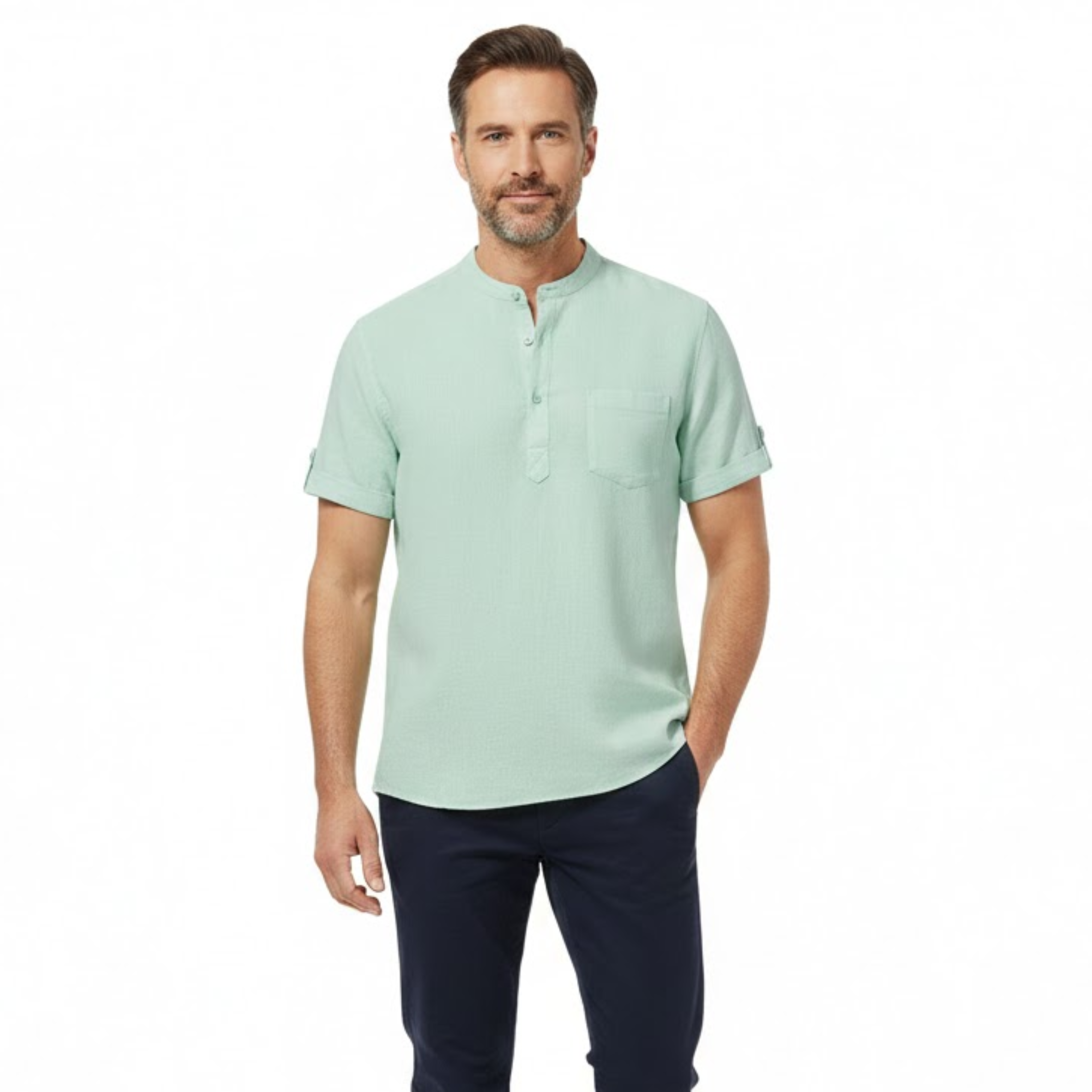 Pánská bavlněná lněná Henley košile s krátkým rukávem, prodyšná, casual, s kapsou, plážový top