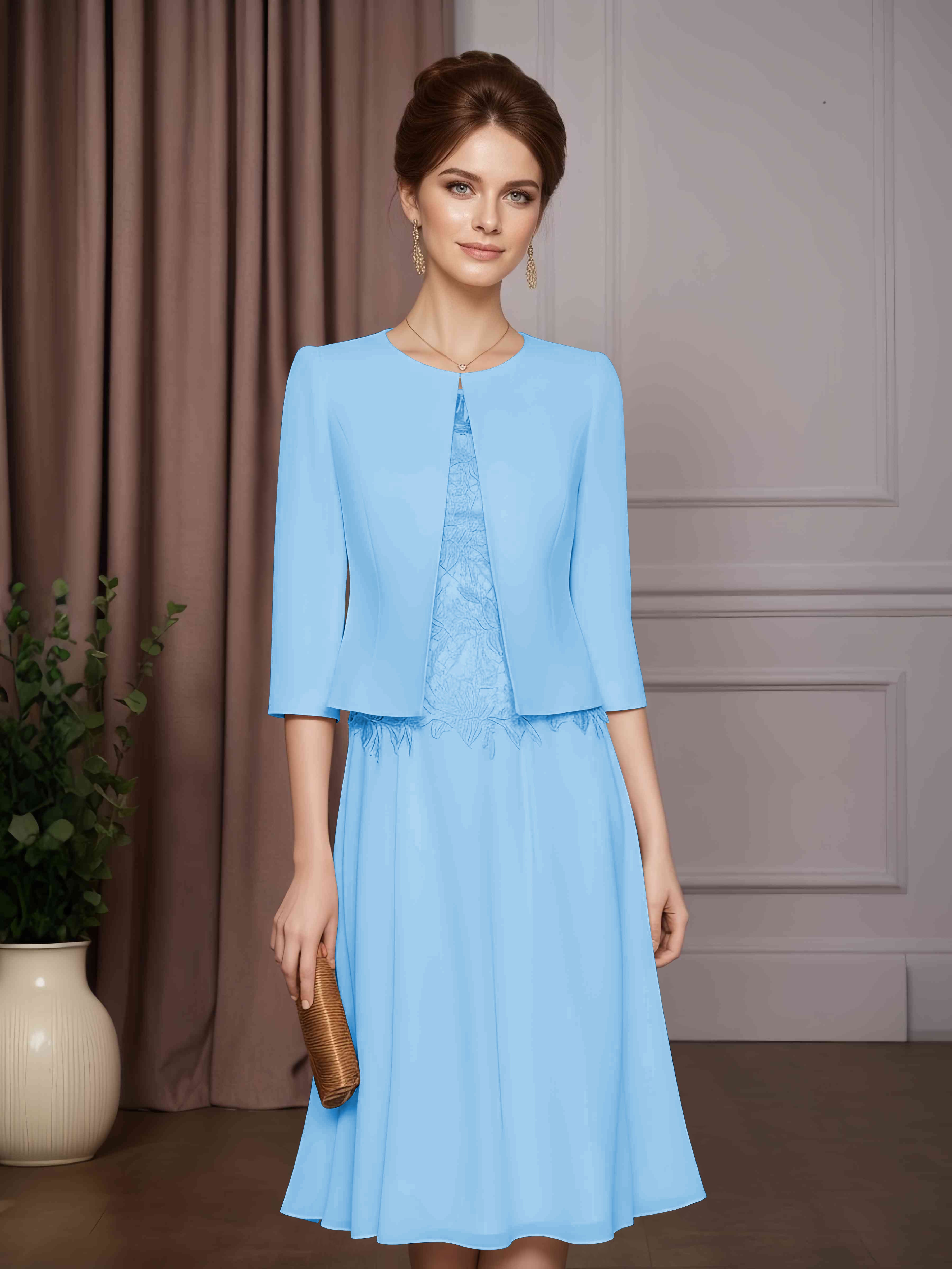 Robe pour la Mère de la Mariée avec Veste – Robe de Fête Longue en Chiffon à Ligne A 2 pièces avec Applications