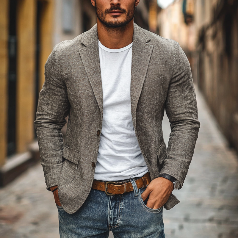 Herre Casual Bomuld-Hør Notch Revers Enkeltknappet Slim-fit Blazer