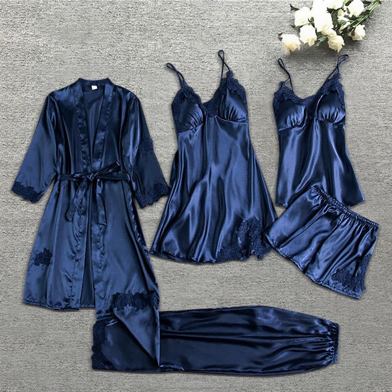 Satin Nattøjssæt til Kvinder | Kimono med Blondekant, Cami & Shorts