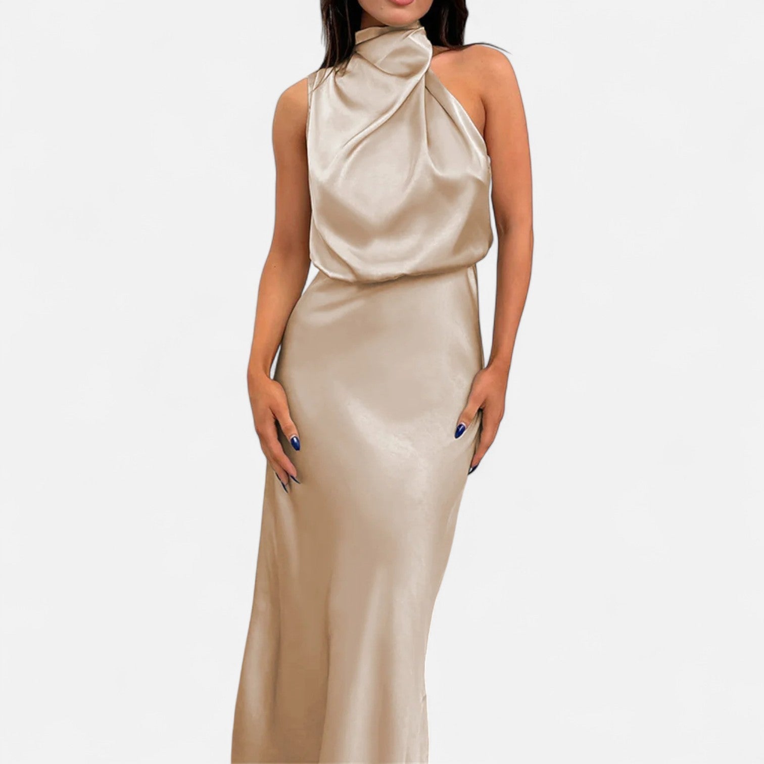 Vestido longo de cetim para senhora, corte em A, sem mangas