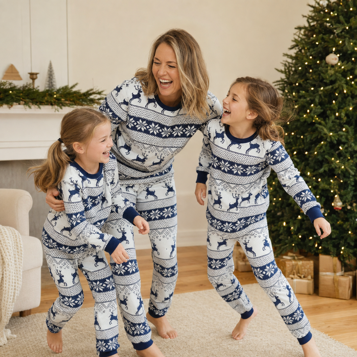 Matchende Julepyjamas til Familien med Nordisk Rensdyrmotiv