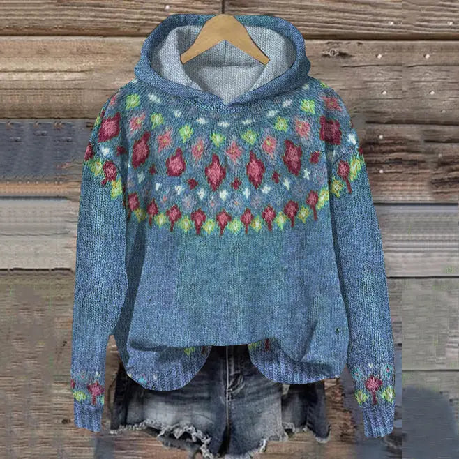 Oversized Fair Isle Striktrøje med Hætte til Kvinder