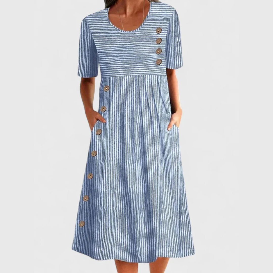 Robe midi rayée pour femmes avec manches 3/4 – Robe de tous les jours légère et confortable au design classique pour les journées d'été douces et les loisirs