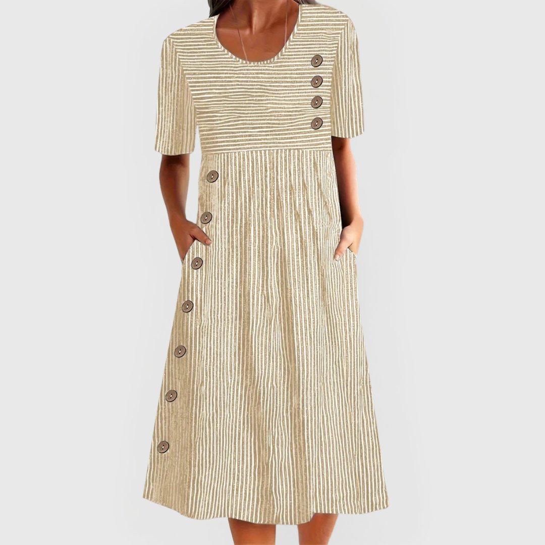 Robe midi rayée pour femmes avec manches 3/4 – Robe de tous les jours légère et confortable au design classique pour les journées d'été douces et les loisirs