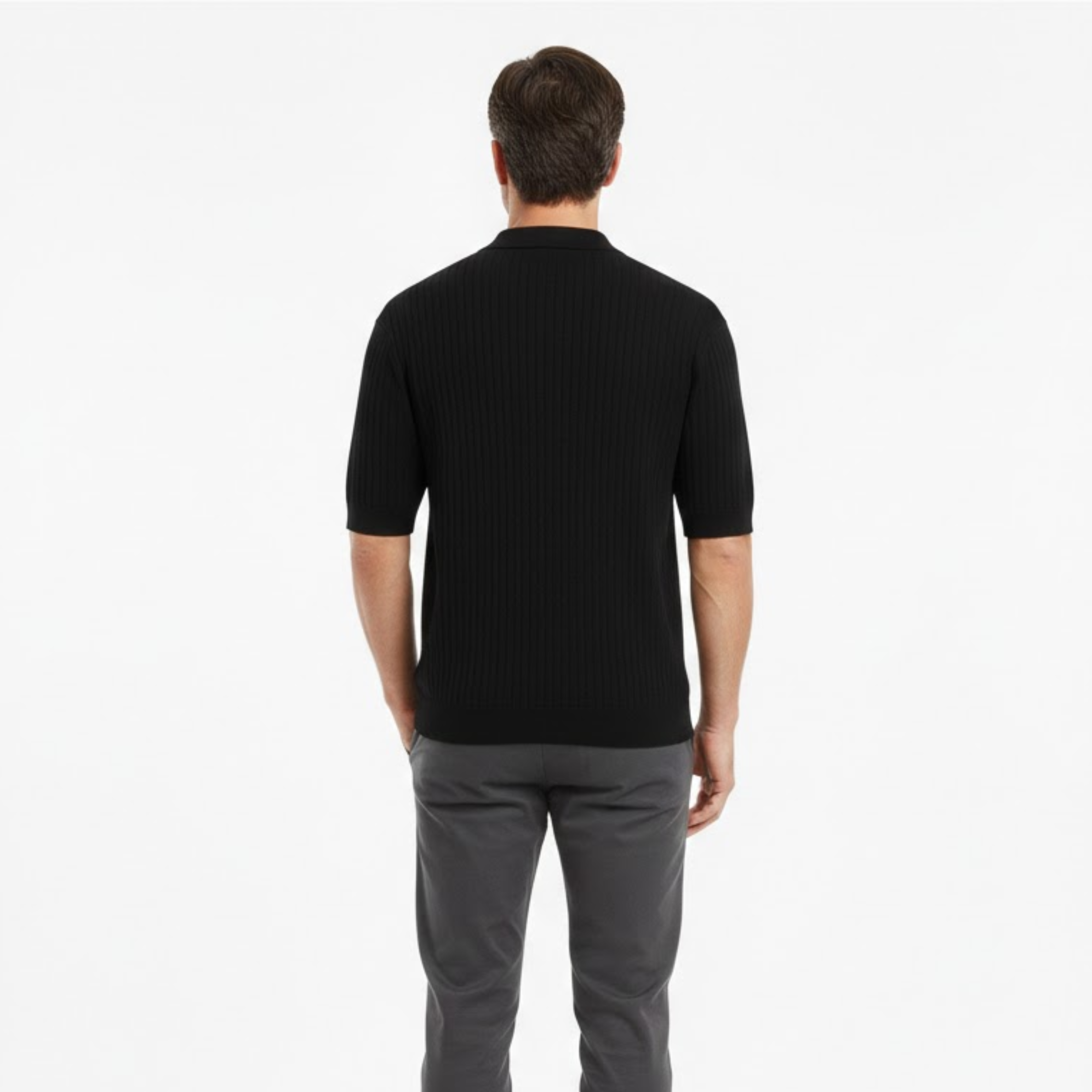 Pánská slim fit žebrovaná pletená polokošile s krátkým rukávem, rychleschnoucí, s otevřeným límcem, golfový top
