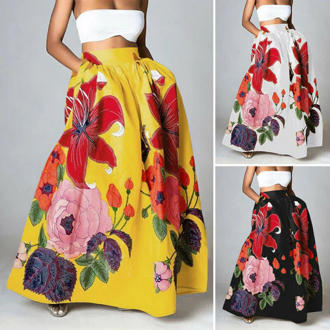 Saia maxi elegante de cintura alta com estampado floral para mulher