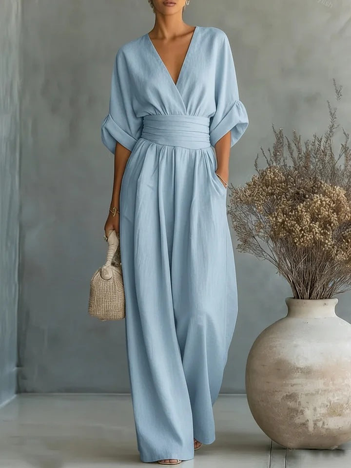 Elegantní overal pro ženy s výstřihem do V a širokými nohavicemi | Stylový overal s vysokým pasem na párty i do běžného dne