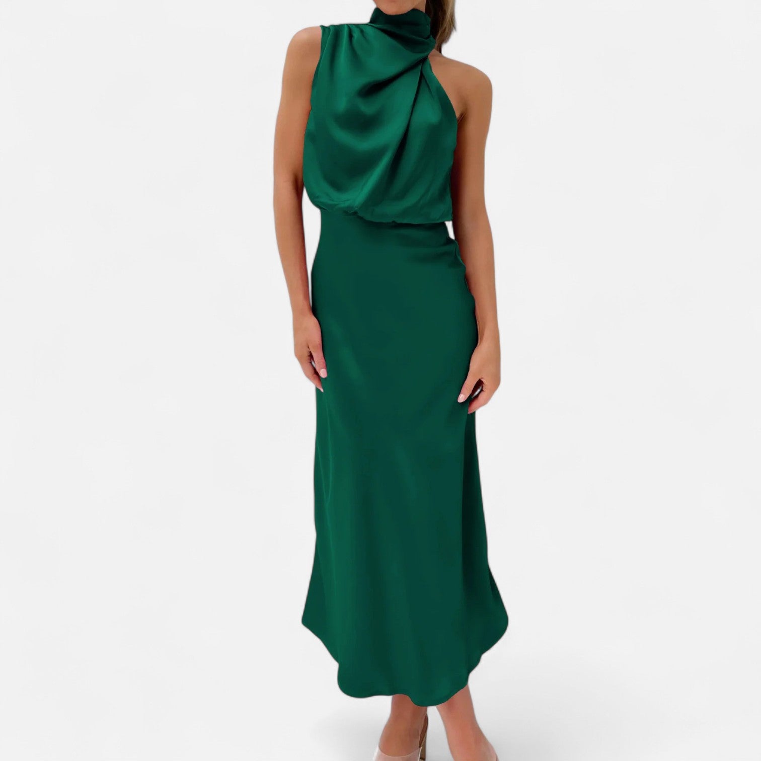 Vestido longo de cetim para senhora, corte em A, sem mangas