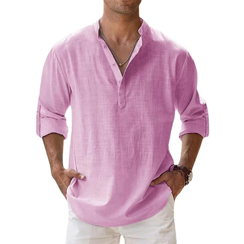 Herre Linned Henley Skjorte Afslappet Pasform Sommer Knaphalstop