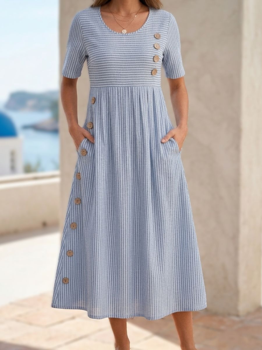 Women's Casual Striped Midi Dress – 3/4 Sleeve Crew Neck Dress with Po