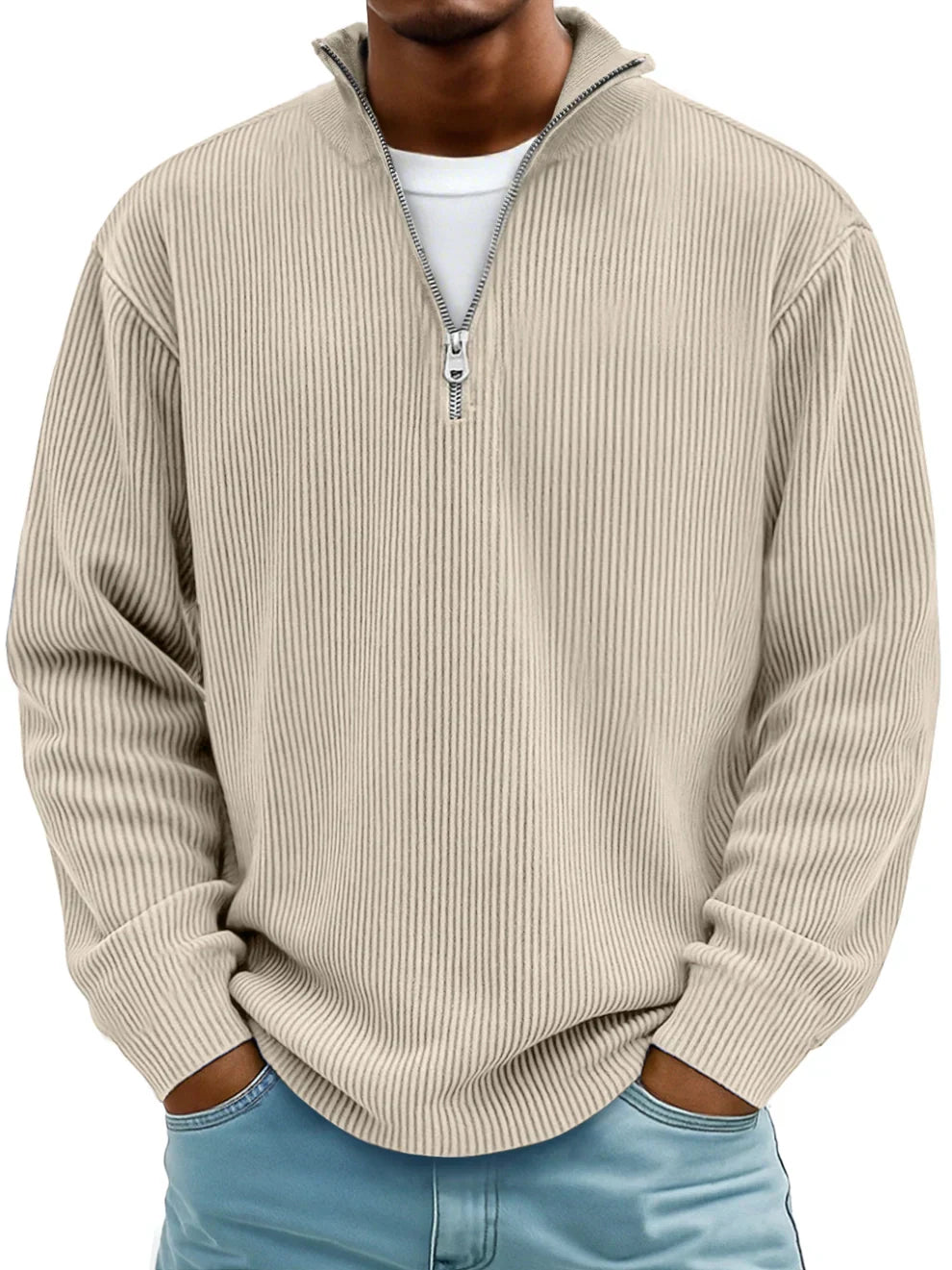 Herre Strikket Sweater med Halv Lynlås i Afslappet Pasform