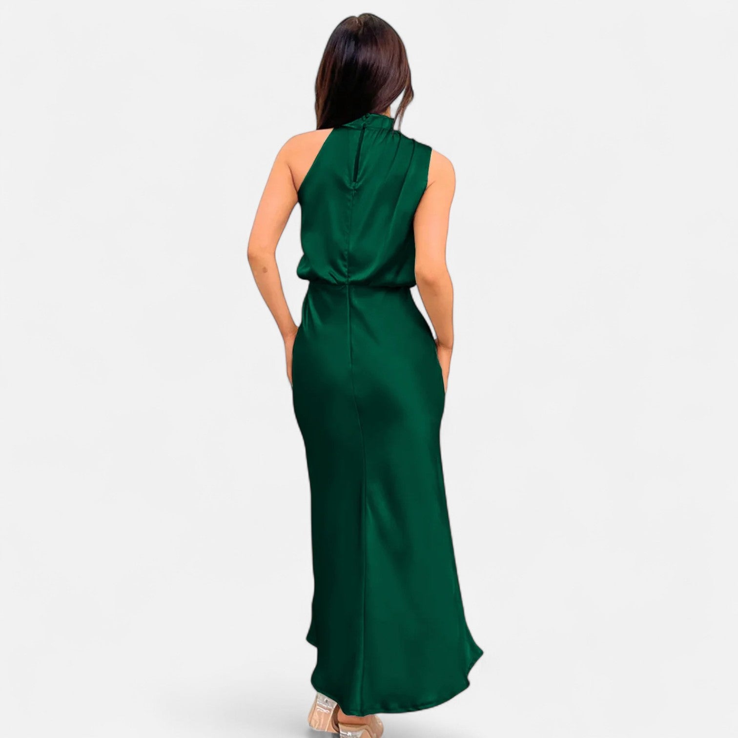 Vestido longo de cetim para senhora, corte em A, sem mangas