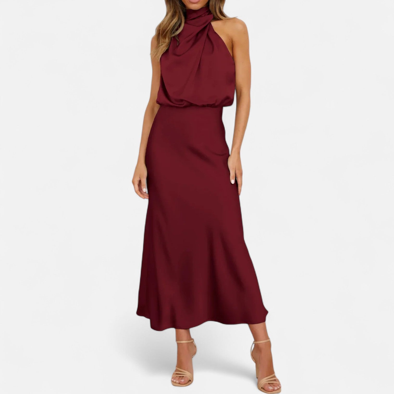 Vestido longo de cetim para senhora, corte em A, sem mangas