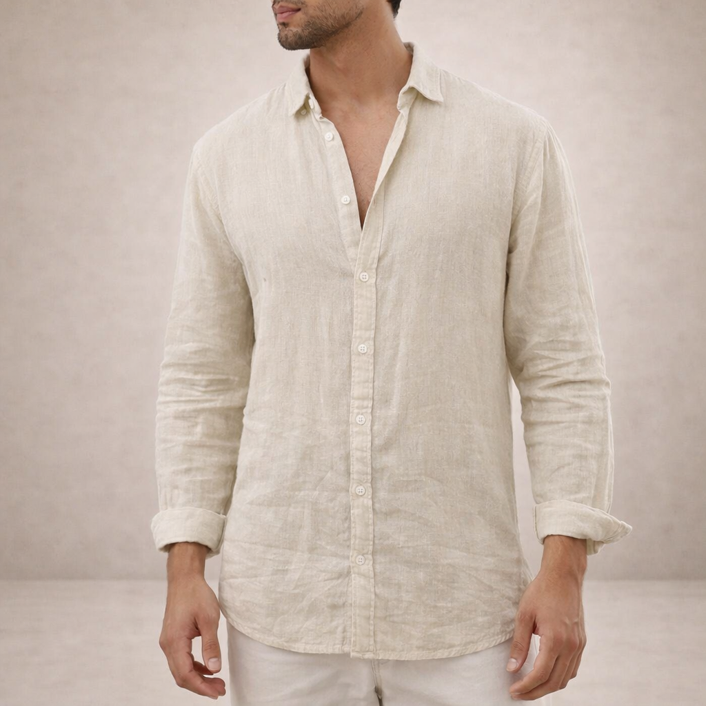 Camisa Casual de Linho para Homem, Corte Regular, com Botões à Frente