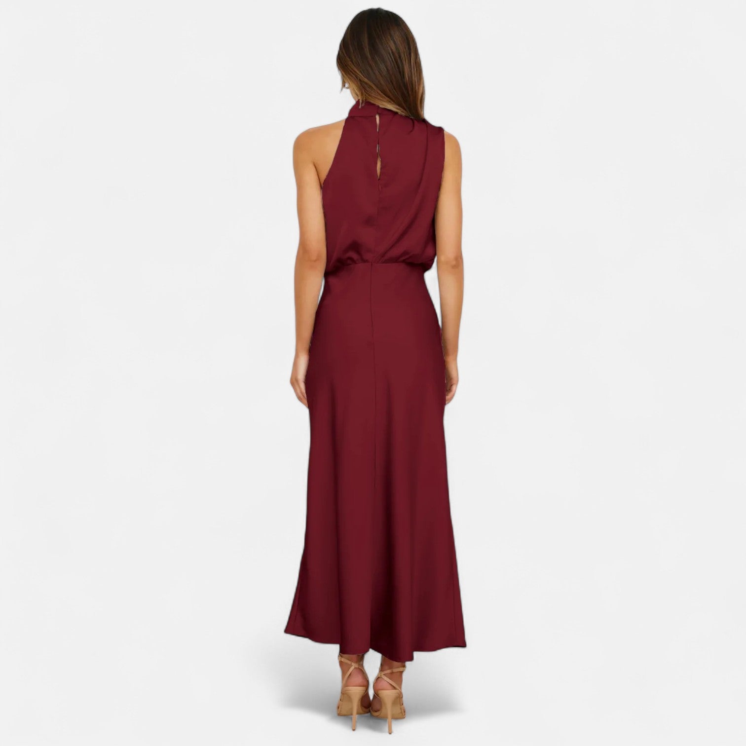 Vestido longo de cetim para senhora, corte em A, sem mangas