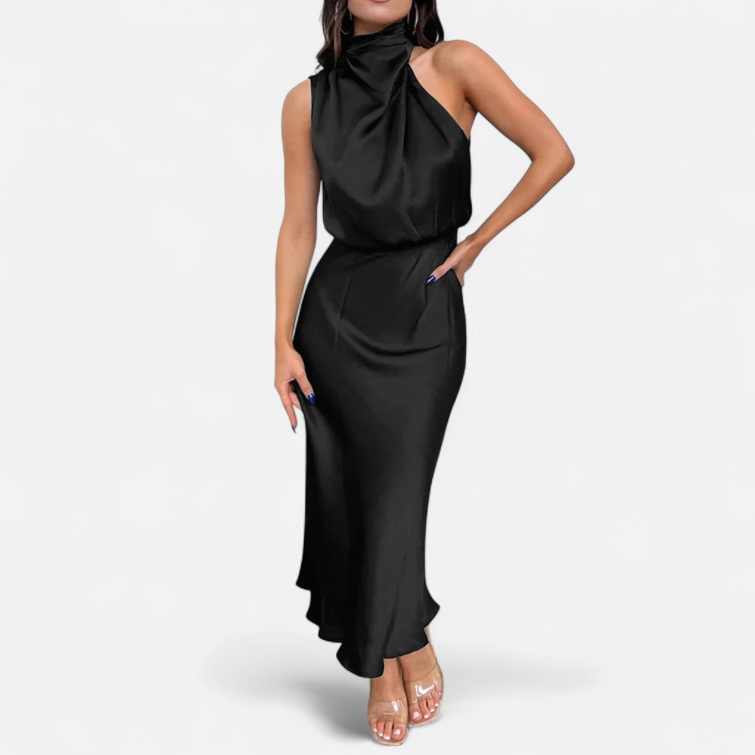 Vestido longo de cetim para senhora, corte em A, sem mangas