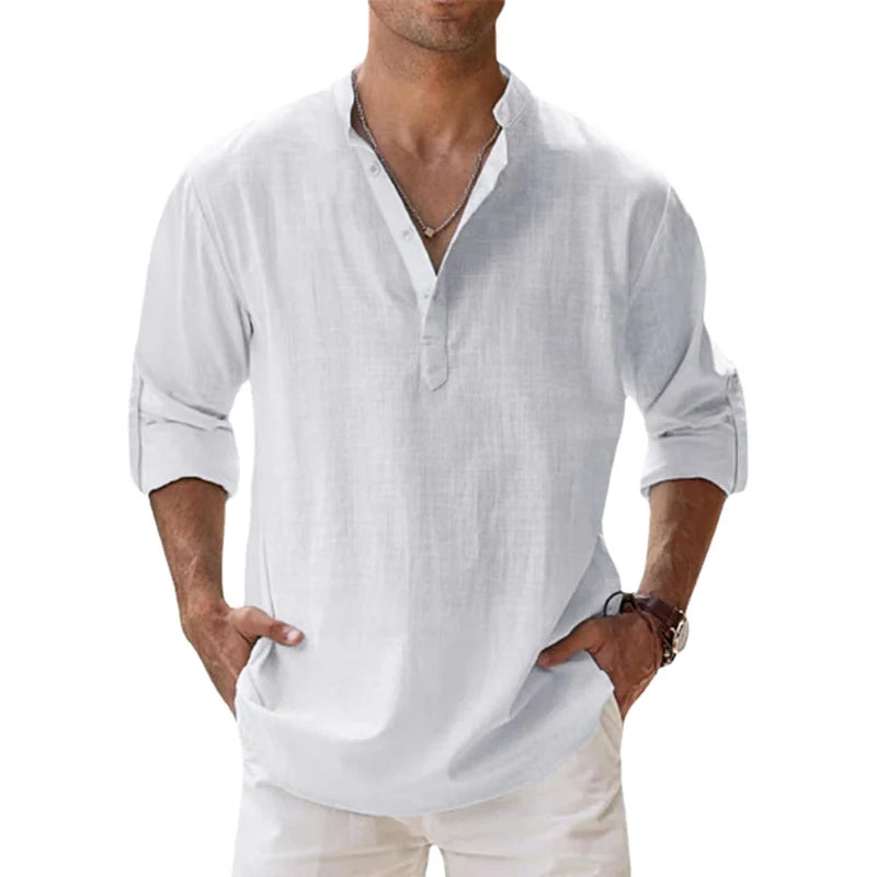Herre Linned Henley Skjorte Afslappet Pasform Sommer Knaphalstop