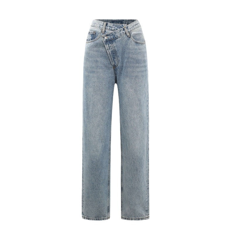 Džínsy s širokými nohavicami, prekríženým pásom a zapínaním na gombíky