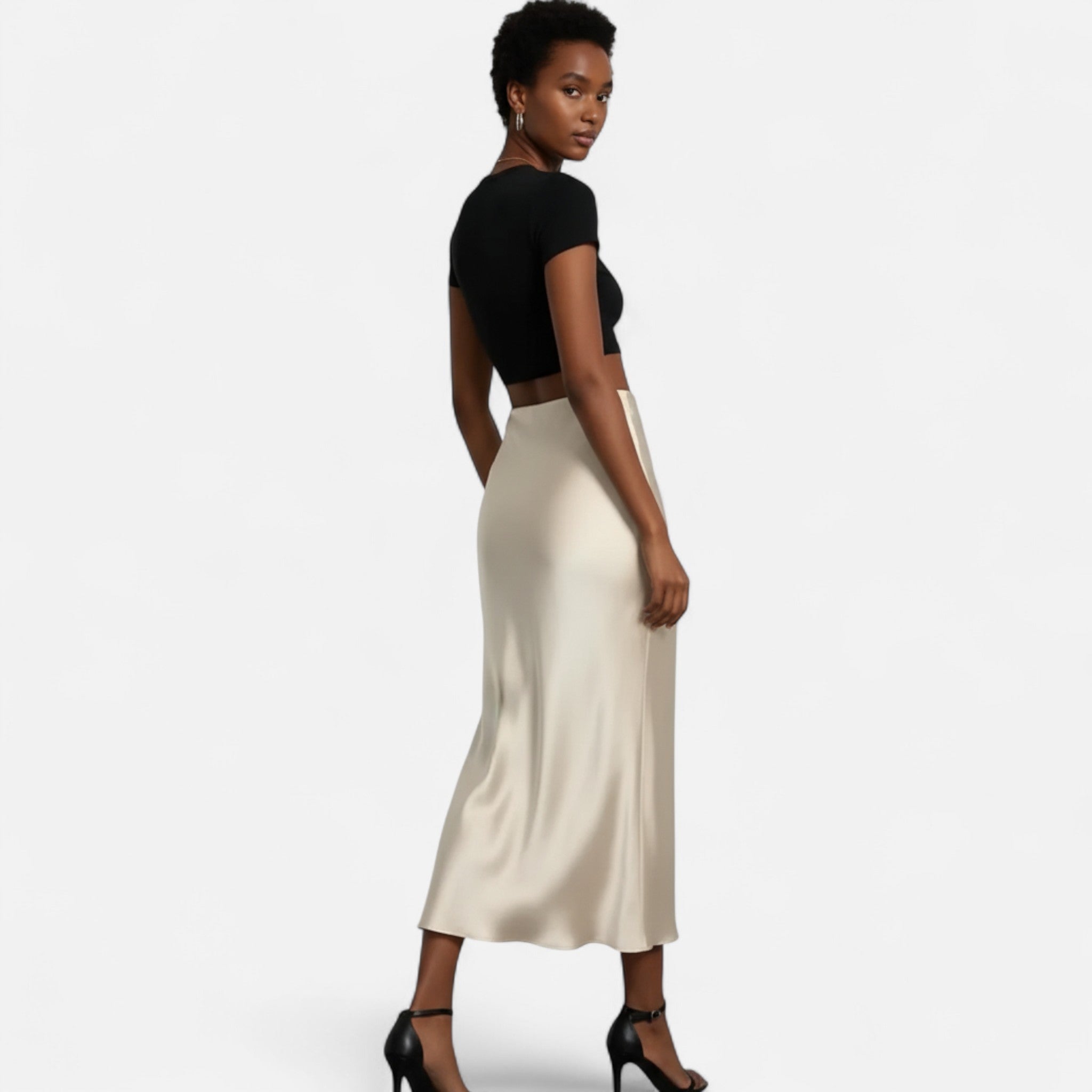Women's High-Waisted Satin Midi Skirt