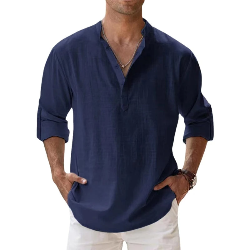 Herre Linned Henley Skjorte Afslappet Pasform Sommer Knaphalstop