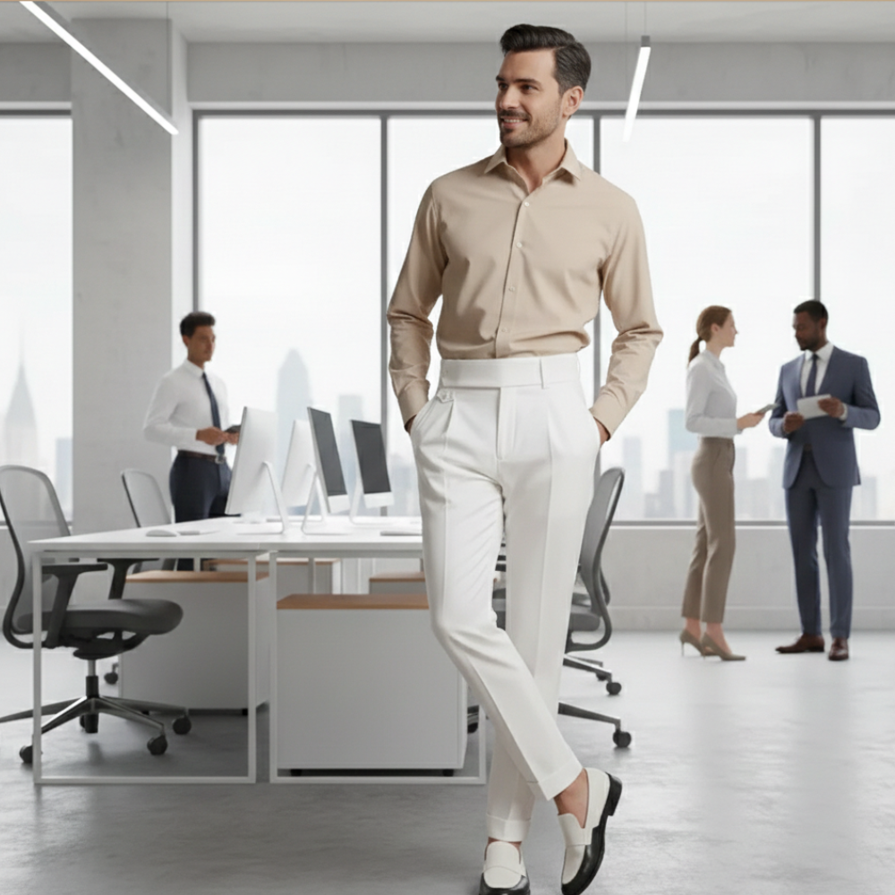 Men's pants with high waist and straight legs
