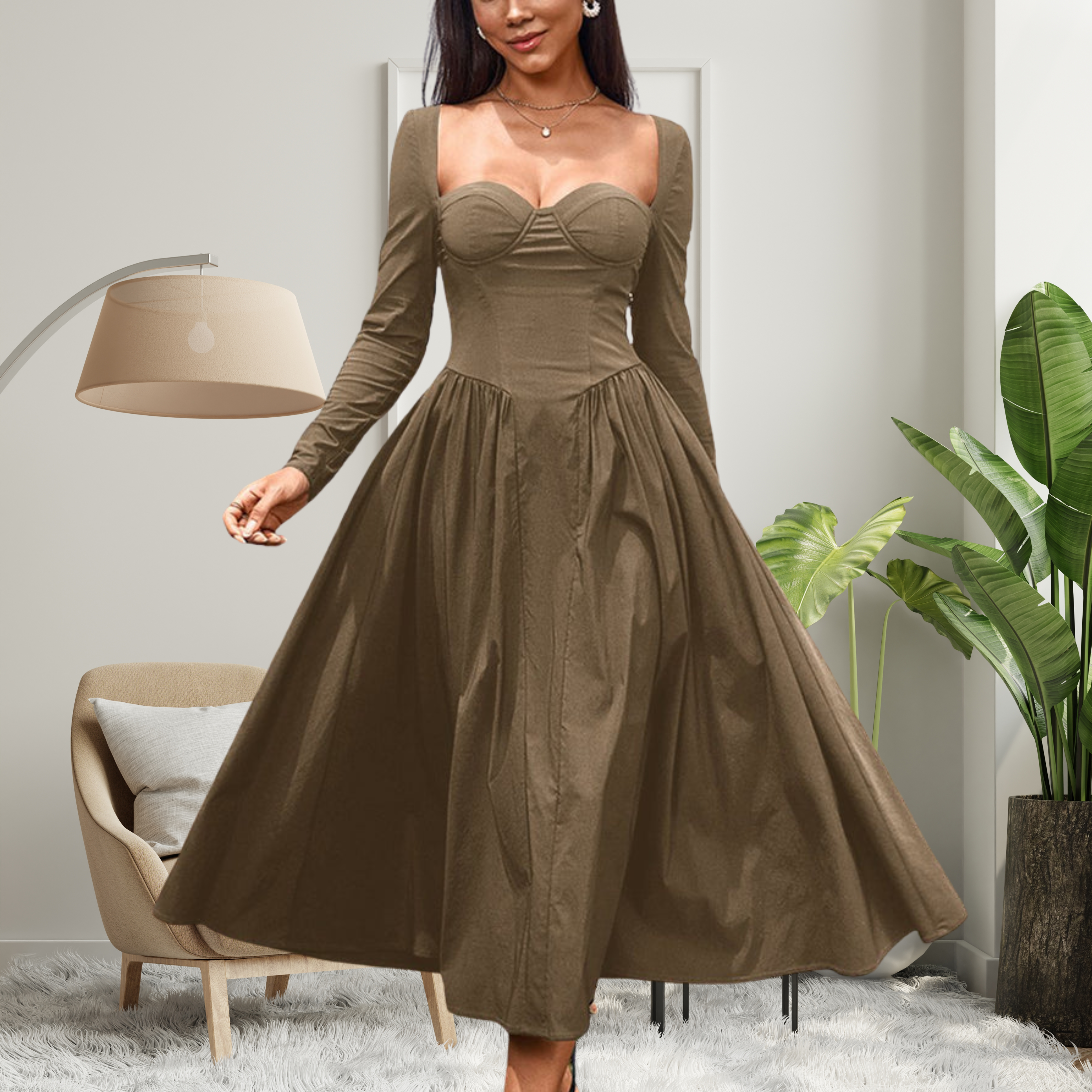 Maxikjole til Kvinder | A-linje med Hjerteudskæring og Lange Ærmer