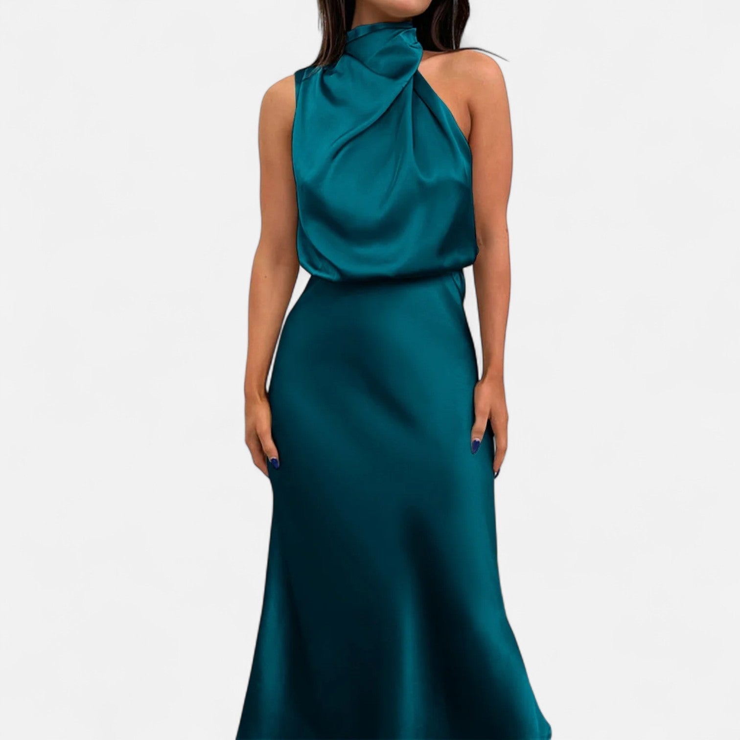 Vestido longo de cetim para senhora, corte em A, sem mangas