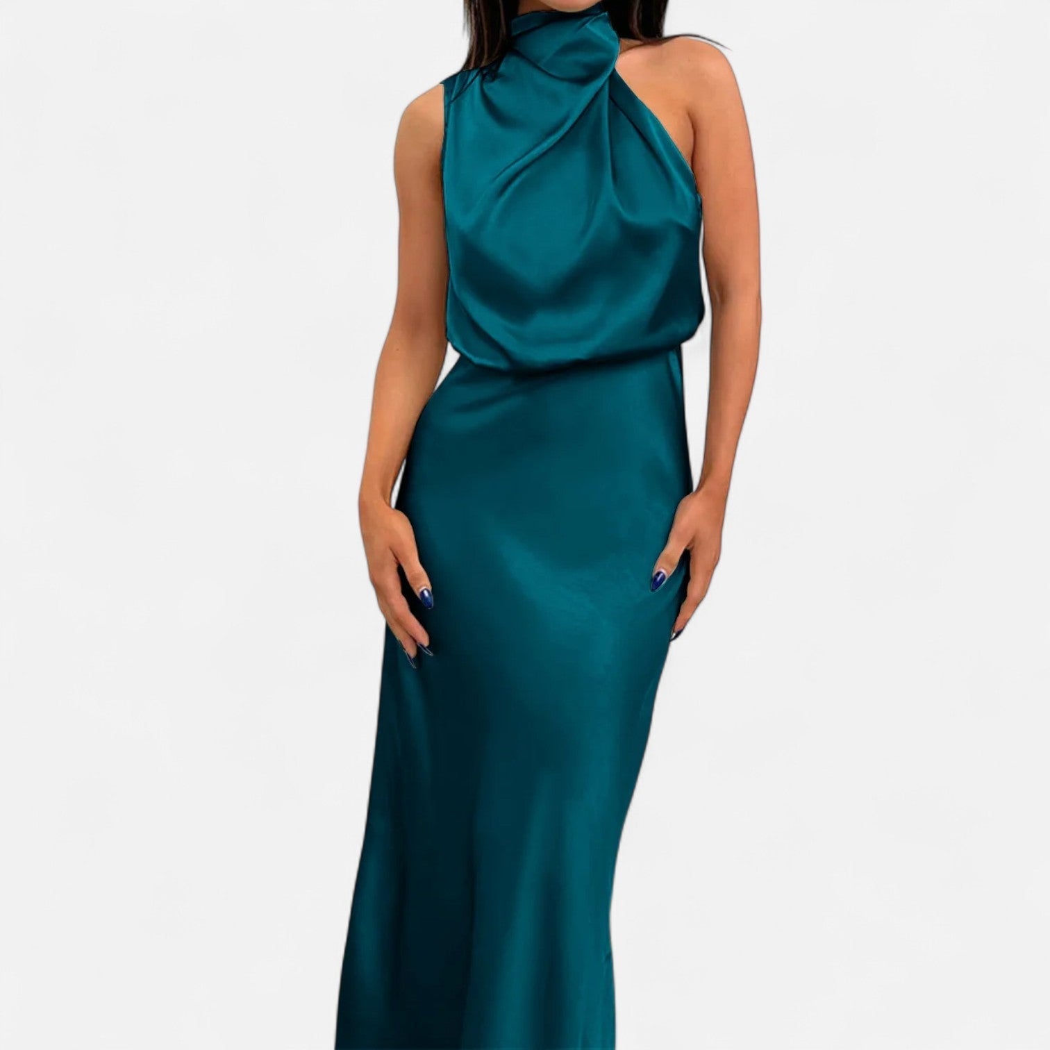 Vestido longo de cetim para senhora, corte em A, sem mangas