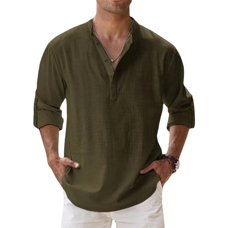 Herre Linned Henley Skjorte Afslappet Pasform Sommer Knaphalstop