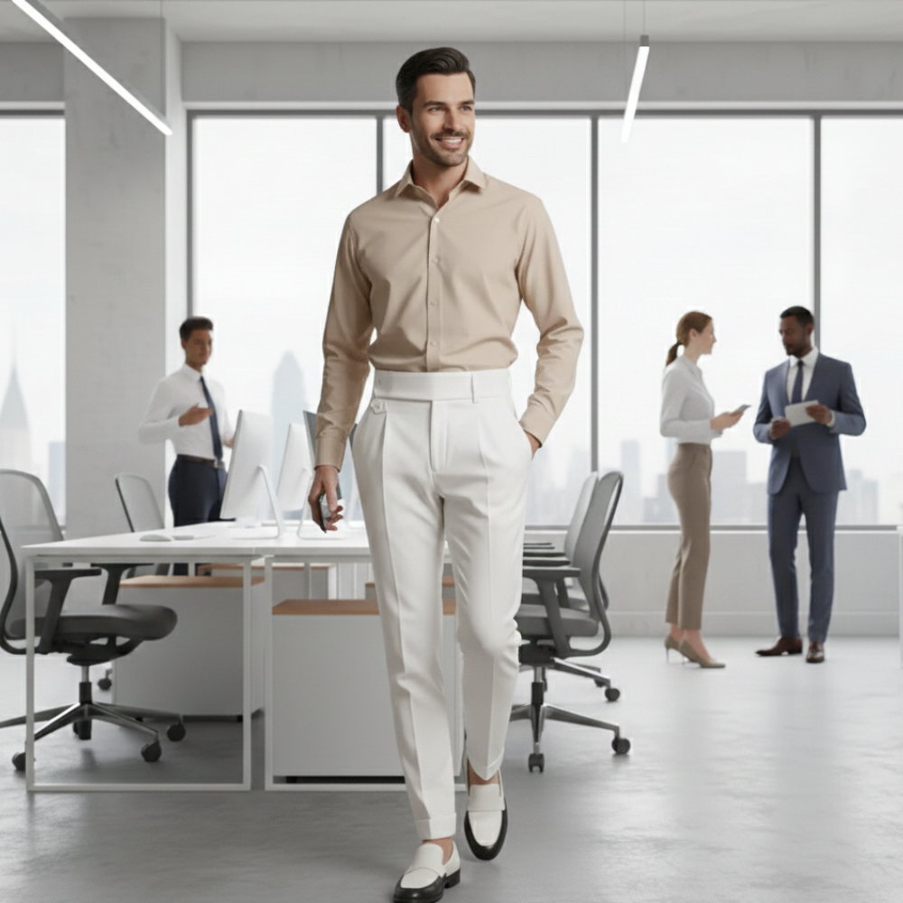 Men's pants with high waist and straight legs