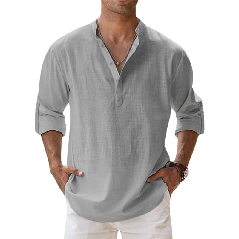 Herre Linned Henley Skjorte Afslappet Pasform Sommer Knaphalstop