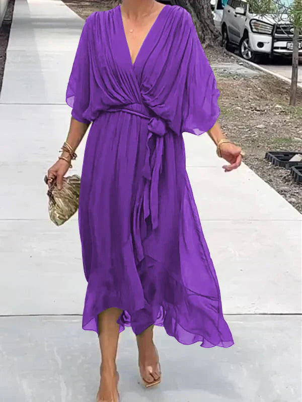 Vestido midi cruzado con cinturón y escote en V