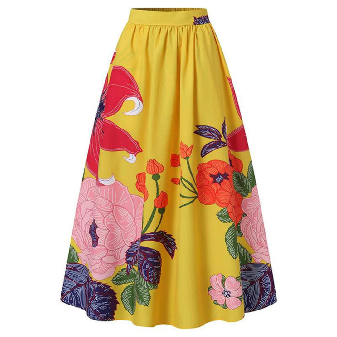 Saia maxi elegante de cintura alta com estampado floral para mulher