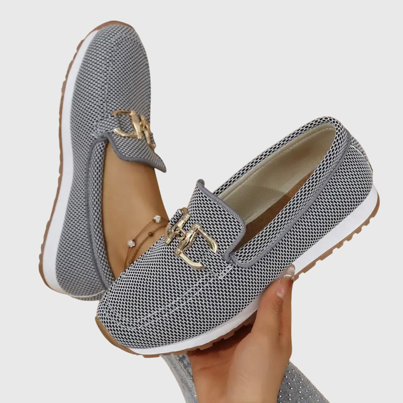 Orthopedic loafers for women | Comfortable everyday shoes with gold buckle and breathable design | Non-slip rubber sole for daily wear