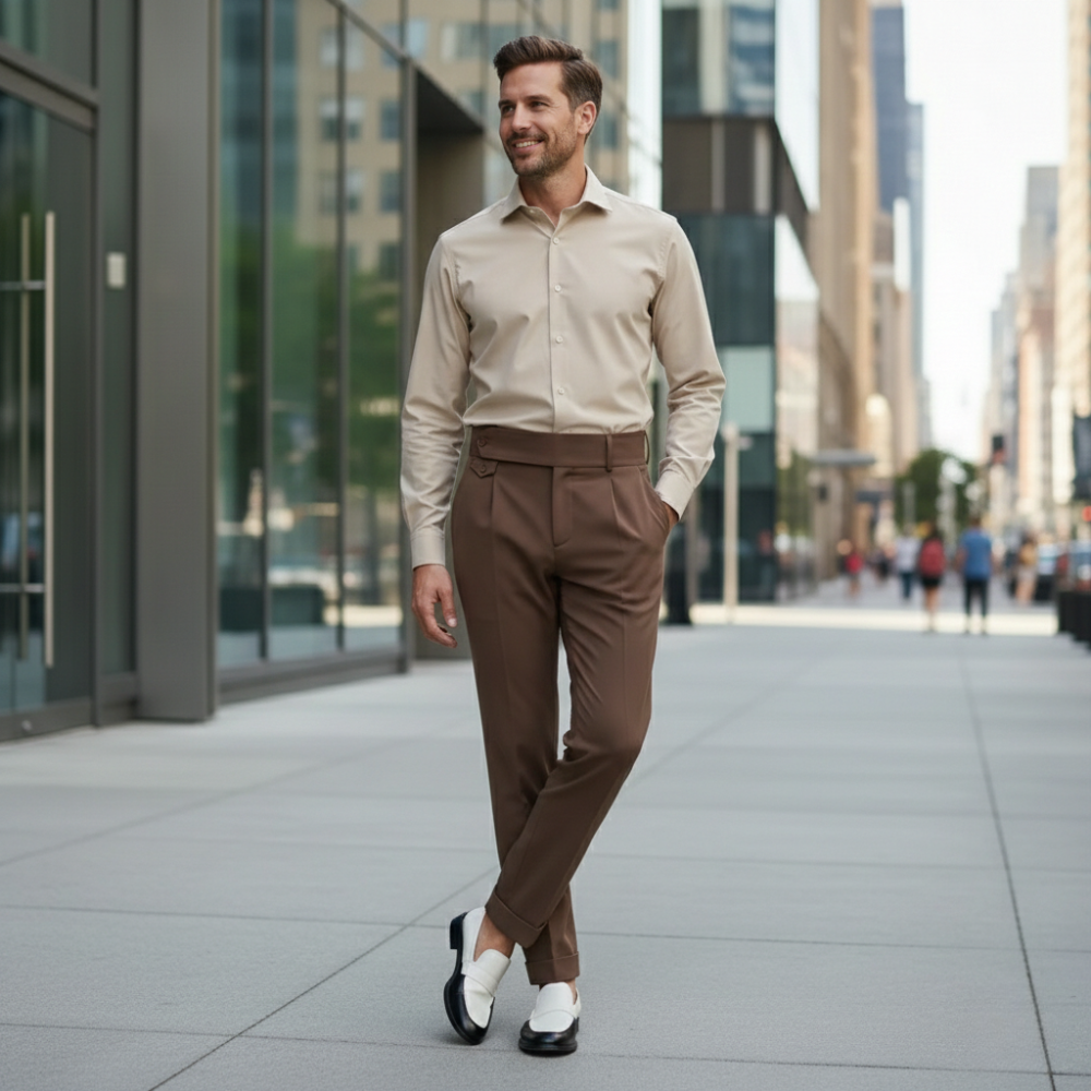 Men's pants with high waist and straight legs